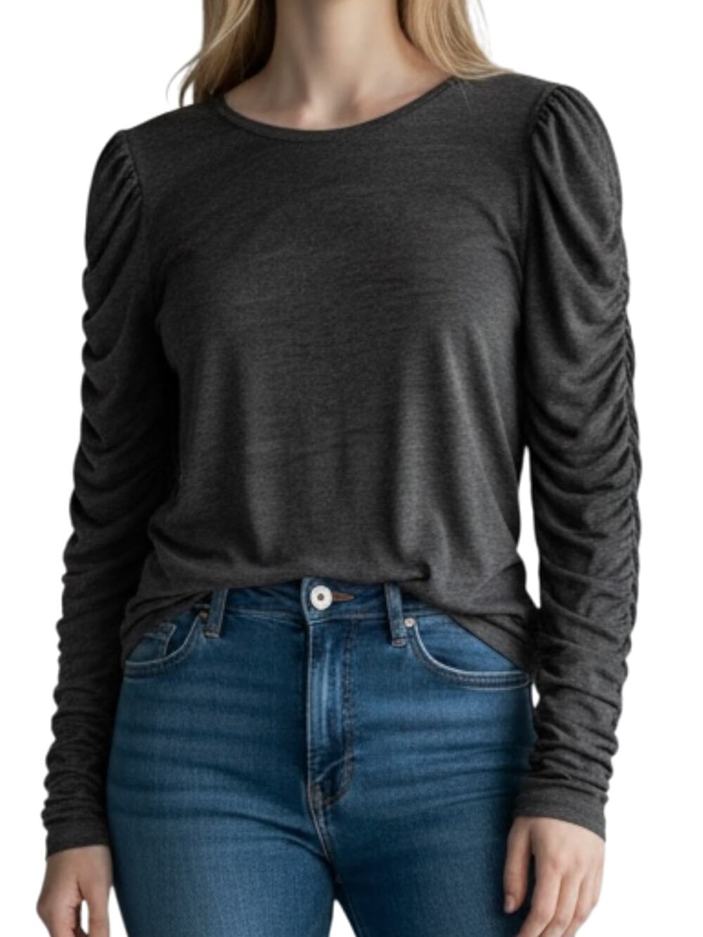 Free People We The Free Top XL Gray Slub Knit Ruched Puff Sleeve Long Sleeve